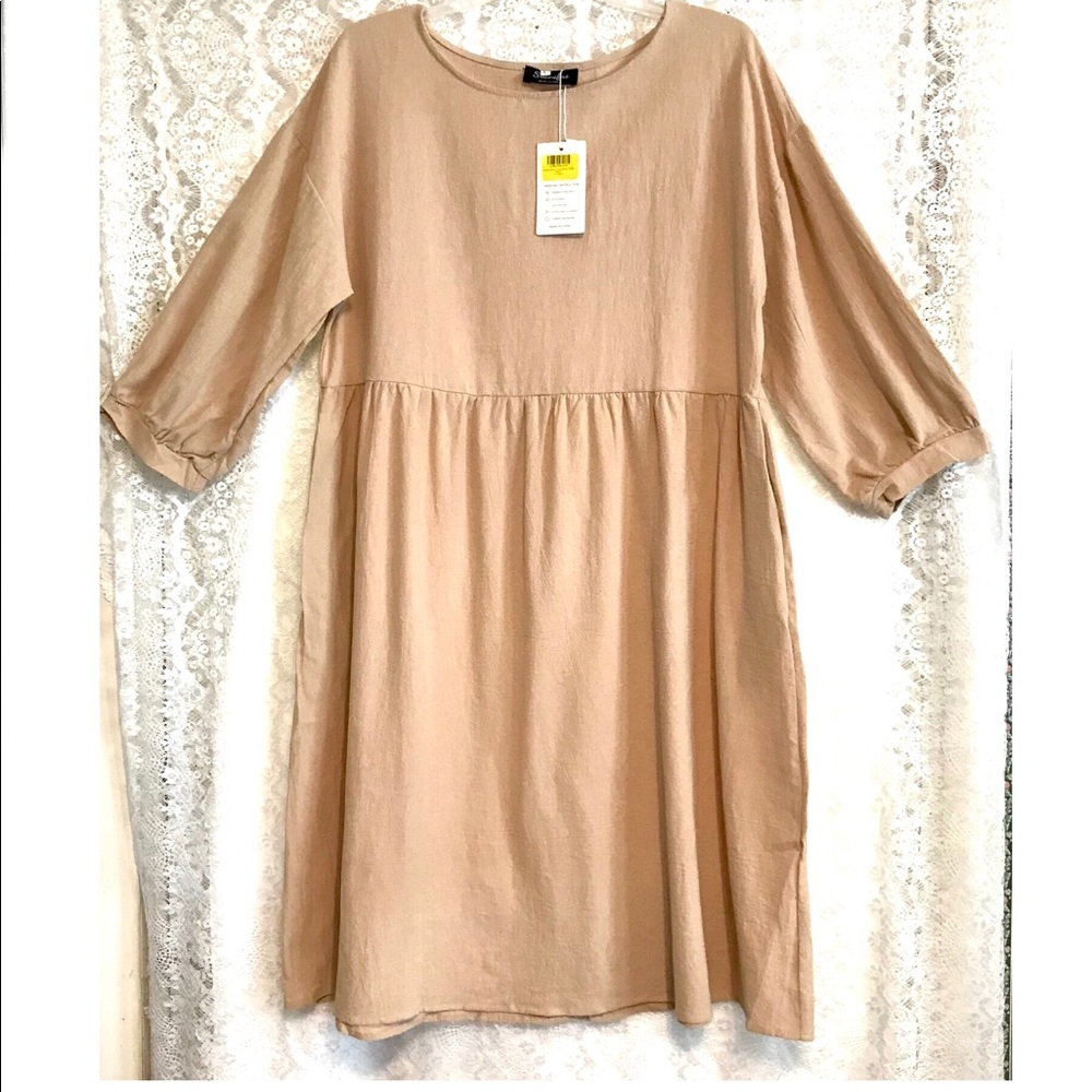 NWT Beige 3/4 Sleeve Shift Dress w/ Pockets- Lg